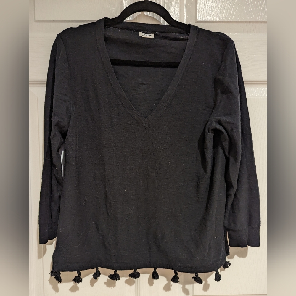 JCrew Factory Black V Neck Sweater with Tassel Detailing, Size M